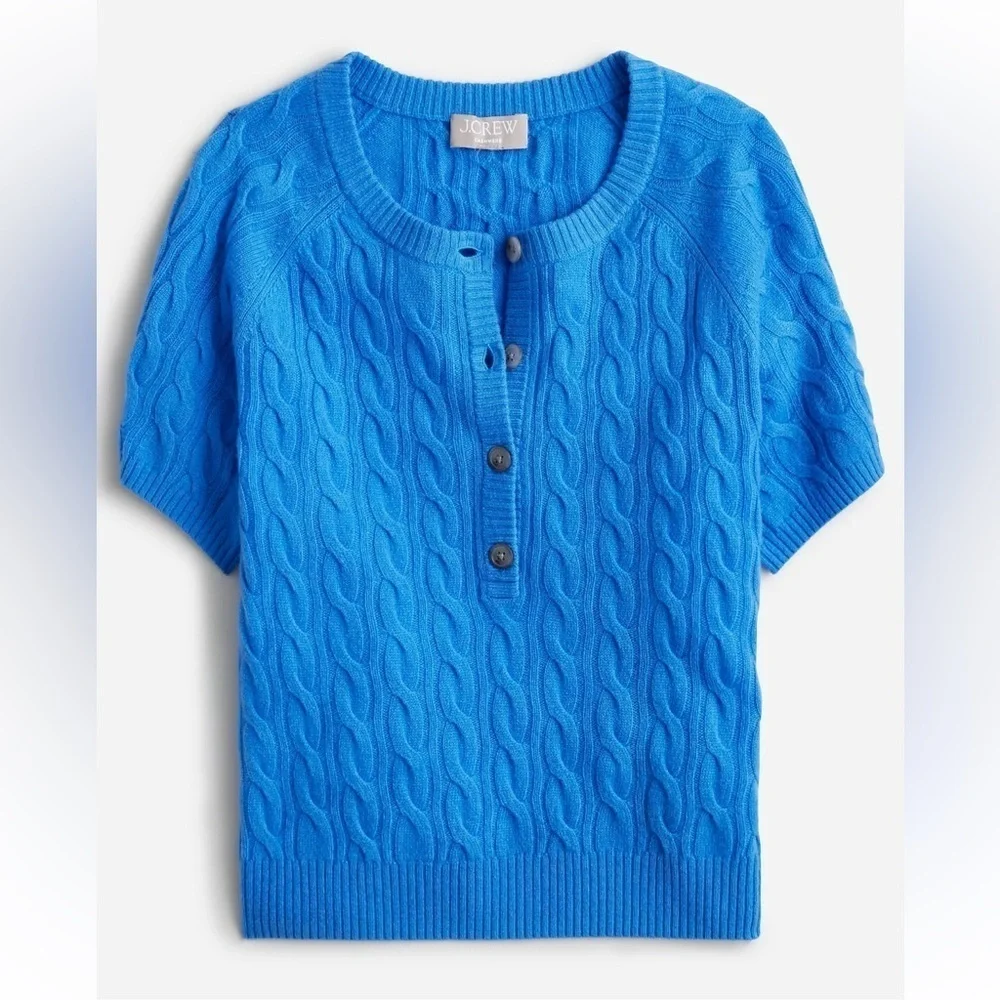J. Crew Blue Cashmere Women’s Henley Cable Knit Short Sleeve Sweater